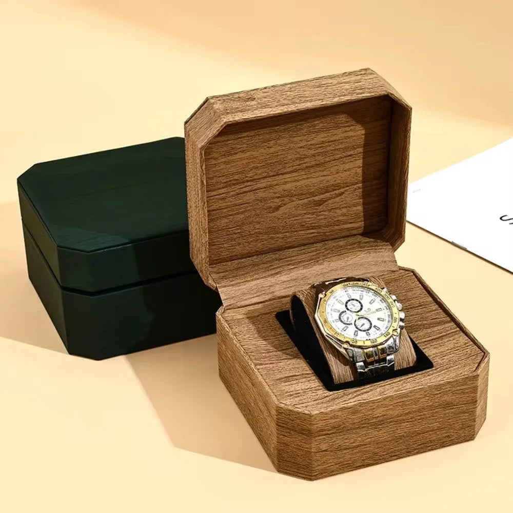 Portable Watch Box Mini PU Octagonal Watch Case Organizer Storage Holder Tree Grain Gift Box Bracelet Box Durable Wear-resistant