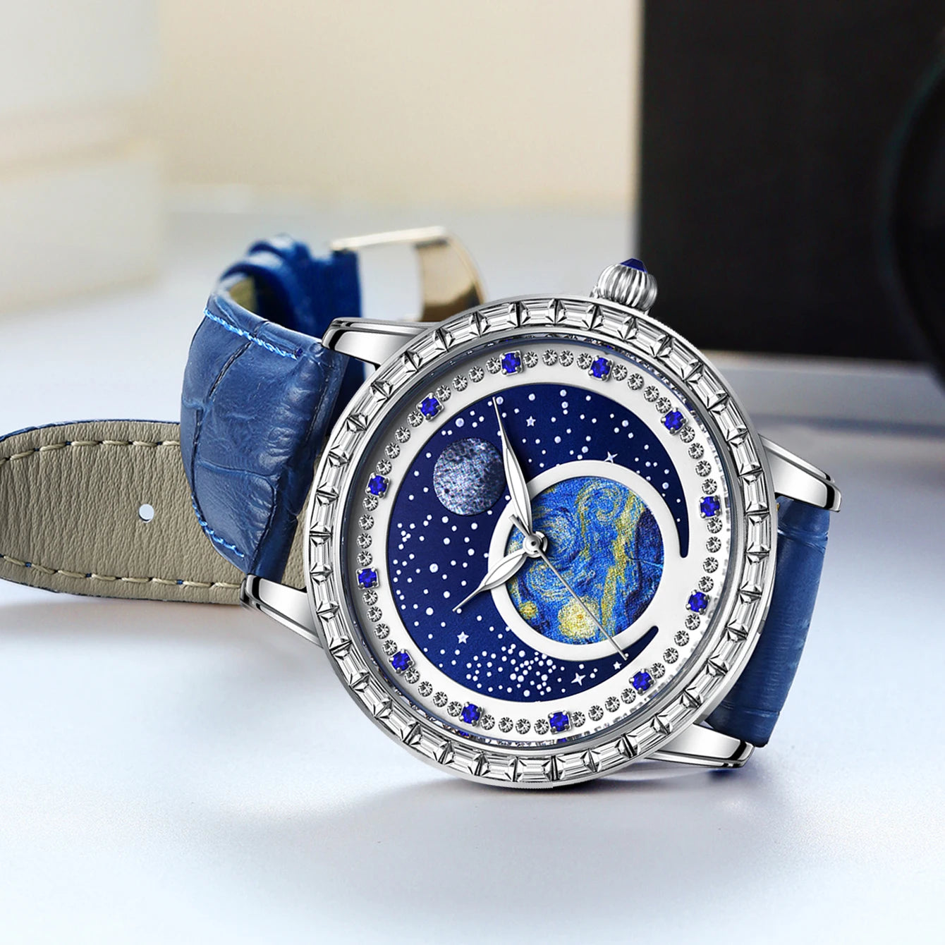 Celestial Earth Luxury Watch – Diamond Bezel, Starry Night Dial & Genuine Leather Strap