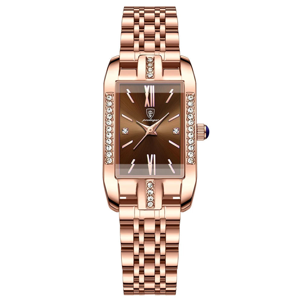 Luxury Rectangular Watch – Crystal Accents, Stainless Steel Bracelet & Quartz Movement