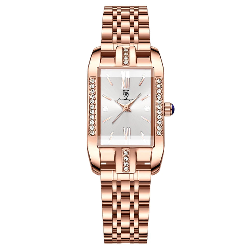 Luxury Rectangular Watch – Crystal Accents, Stainless Steel Bracelet & Quartz Movement