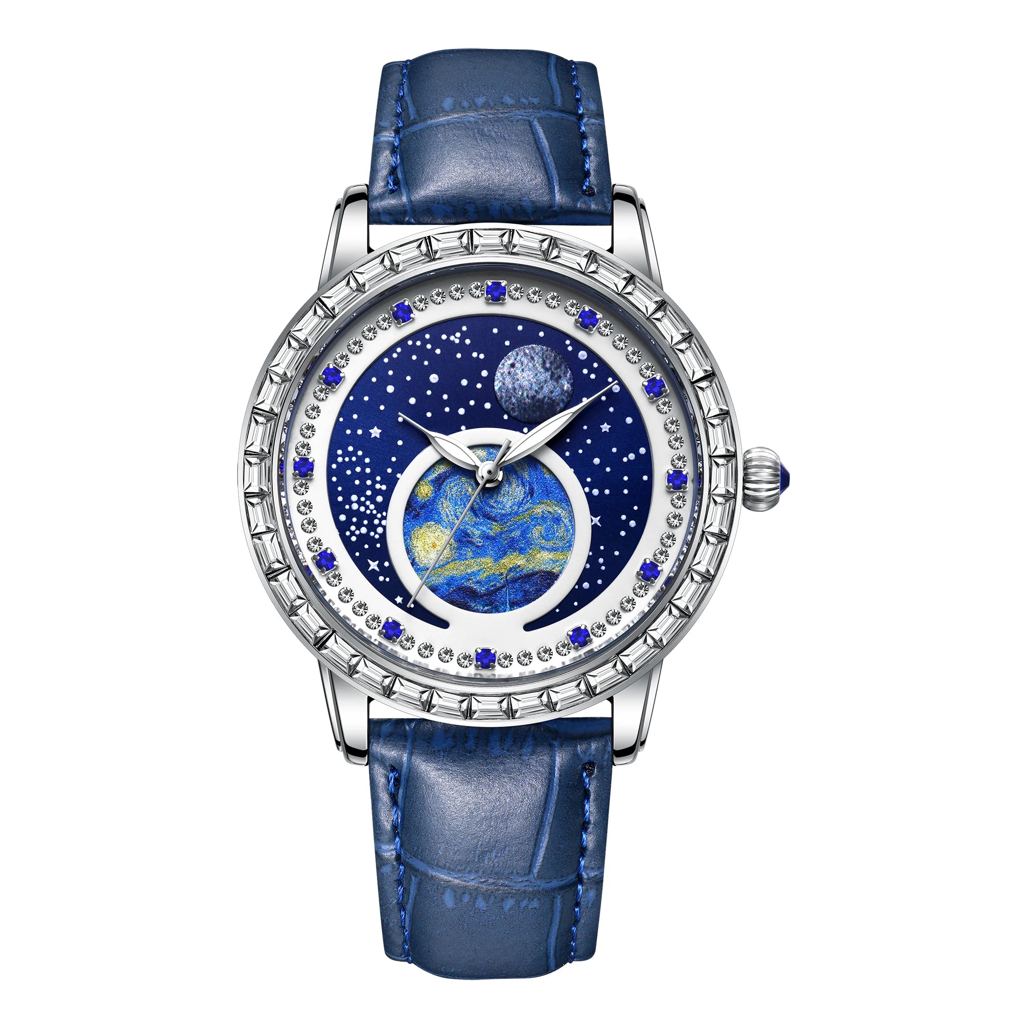 Celestial Earth Luxury Watch – Diamond Bezel, Starry Night Dial & Genuine Leather Strap