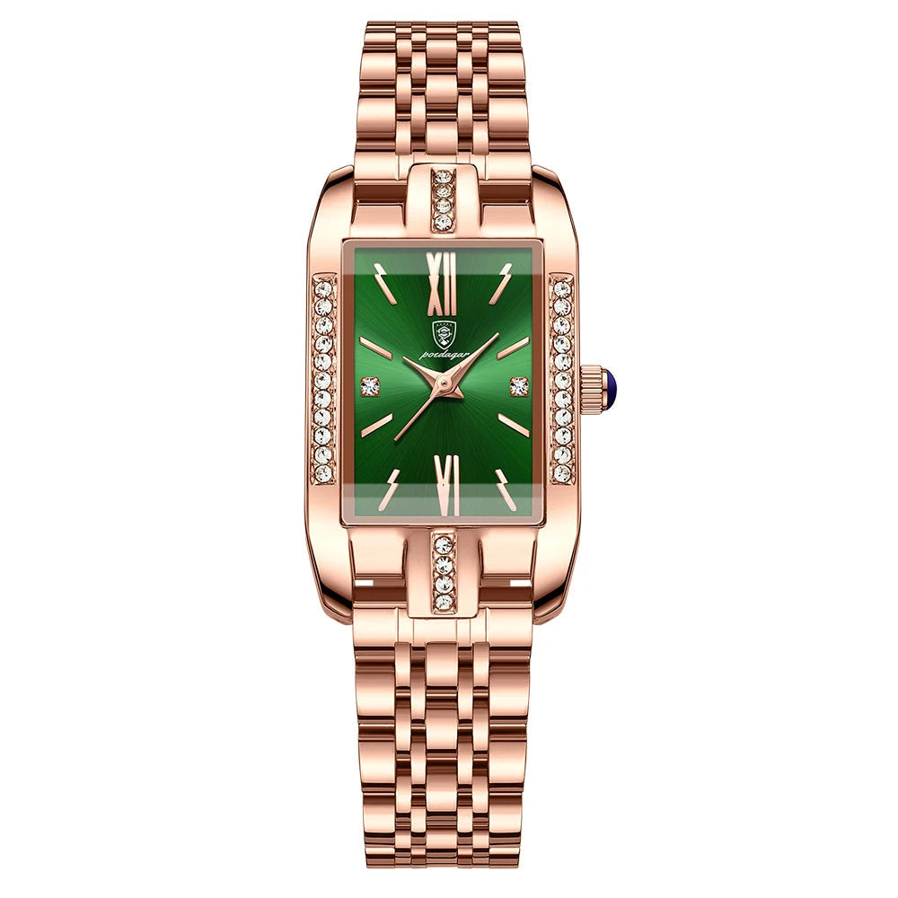 Luxury Rectangular Watch – Crystal Accents, Stainless Steel Bracelet & Quartz Movement