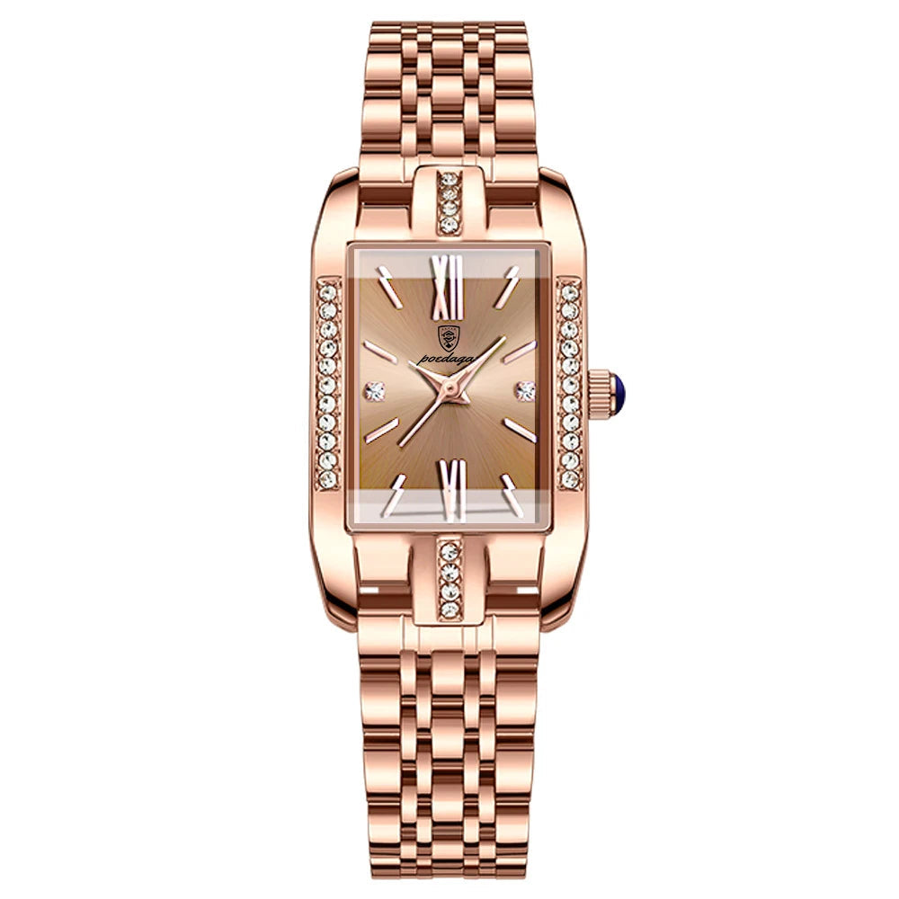 Luxury Rectangular Watch – Crystal Accents, Stainless Steel Bracelet & Quartz Movement